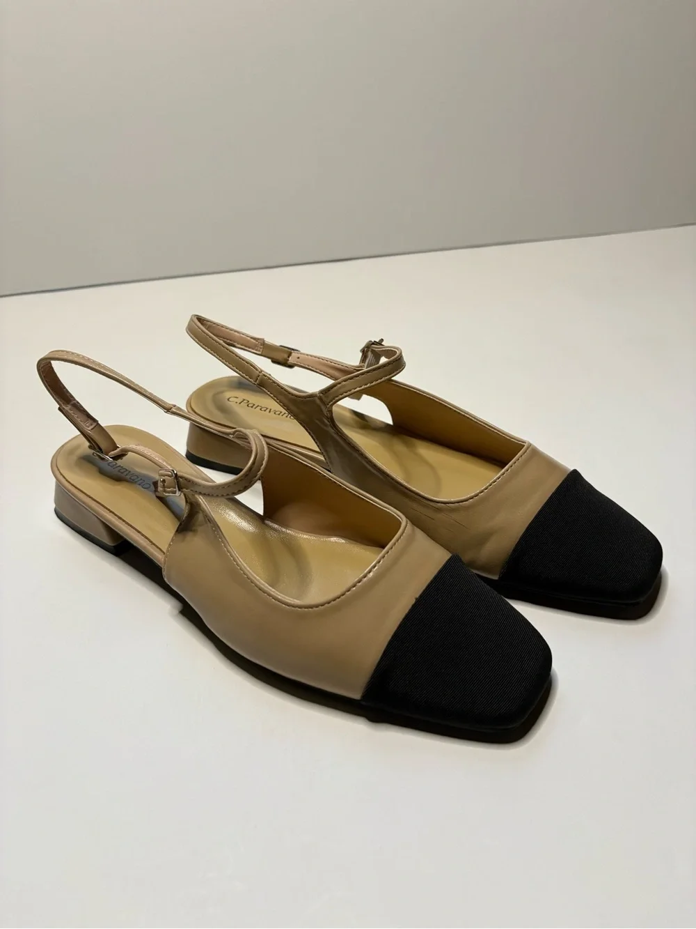 C. Petrovano Beige and Black Cap-Toe Slingback Flats